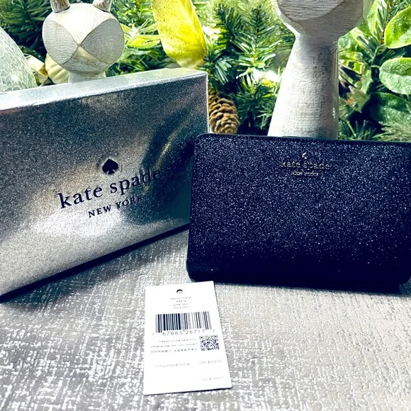 NWT Kate Spade Boxes Med Compact Bifold Wallet Black Glitter w/box FREE  SHIPPING